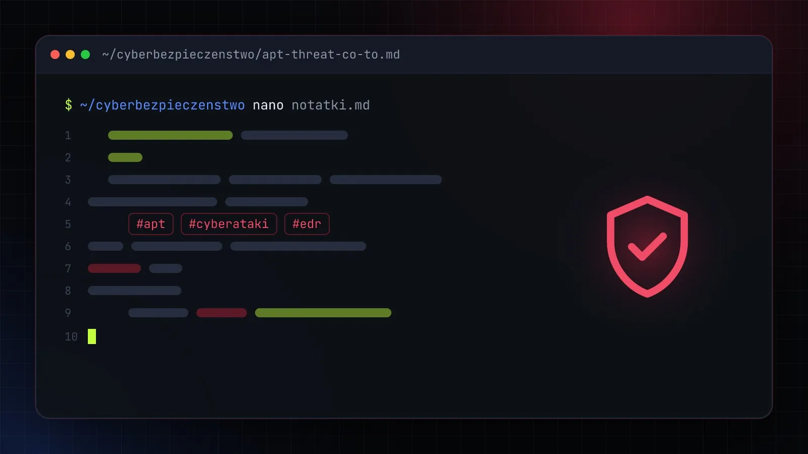 Ilustracja do artykułu „APT (Advanced Persistent Threat) – co to jest i jak wygląda skuteczna ochrona przed APT” — okno edytora z ikoną działu Cyberbezpieczeństwo